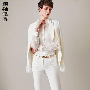 添香秋新款 正装 气质女神范职业装 女白色小西装 西服 套装 颈袖