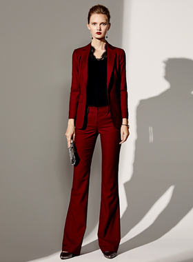 颈袖添香职业套装女士小西装长裤修身正装OL通勤羊毛红色长袖气质