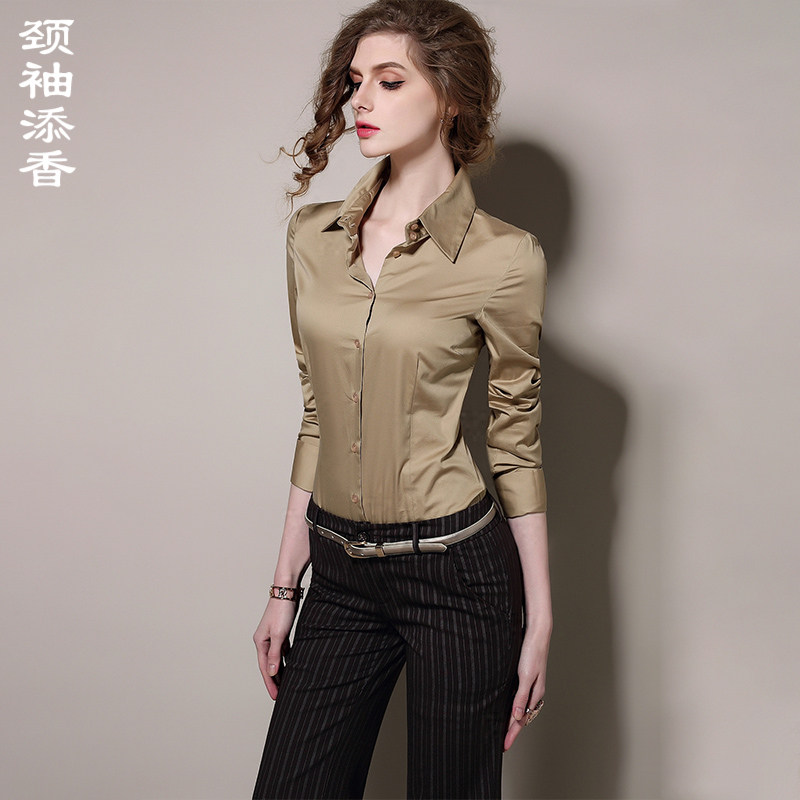 颈袖添香春夏季新款ol职业衬衫长袖修身时尚卡其色女士衬衣图片
