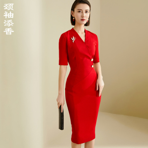 颈袖添香新款职业装连衣裙气质V领高端主持人包臀裙女
