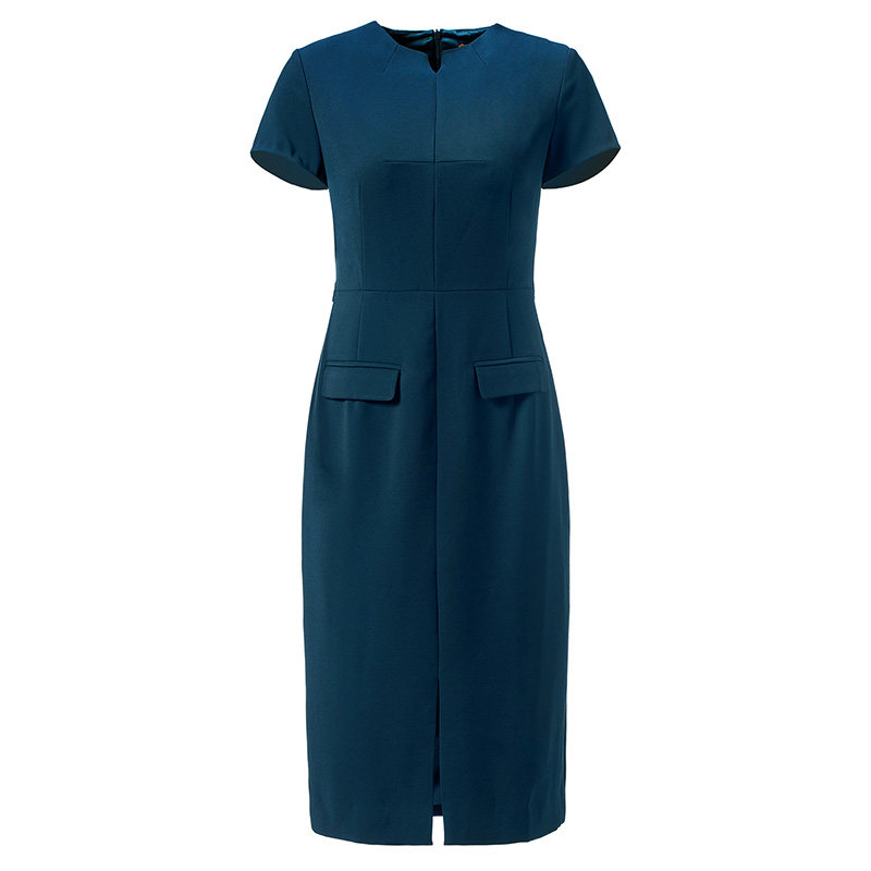 颈袖添香连衣裙女修身显瘦气质职业包臀收腰开叉短袖主持人正装