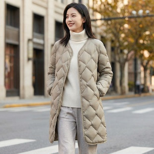 洋气轻便轻薄无领菱格羽绒服女中长款修身显瘦内胆秋冬内搭打底