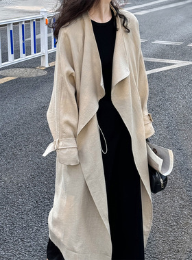 高端亚麻风衣外套女款春秋垂感长款高个子不规则酷飒风女装高级感