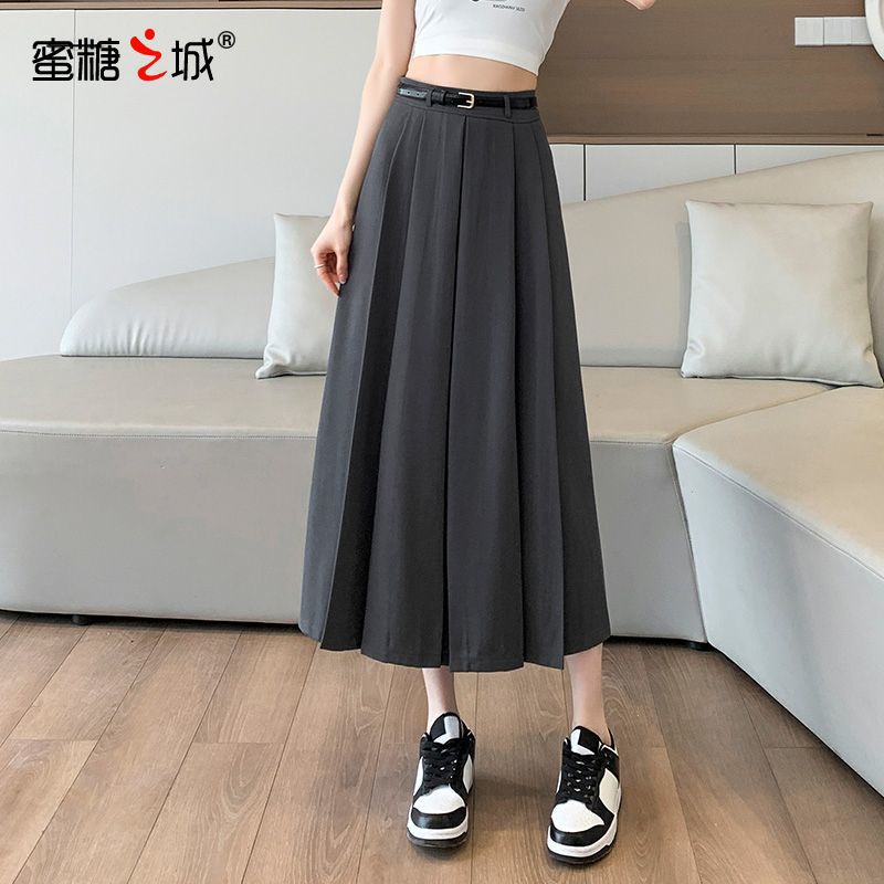 灰色西装高腰显瘦中长百褶半身裙