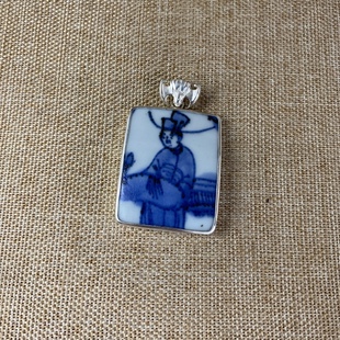 古瓷首饰 青花瓷吊坠 老瓷片挂件 925银 饰品配饰 人物 百搭 男女