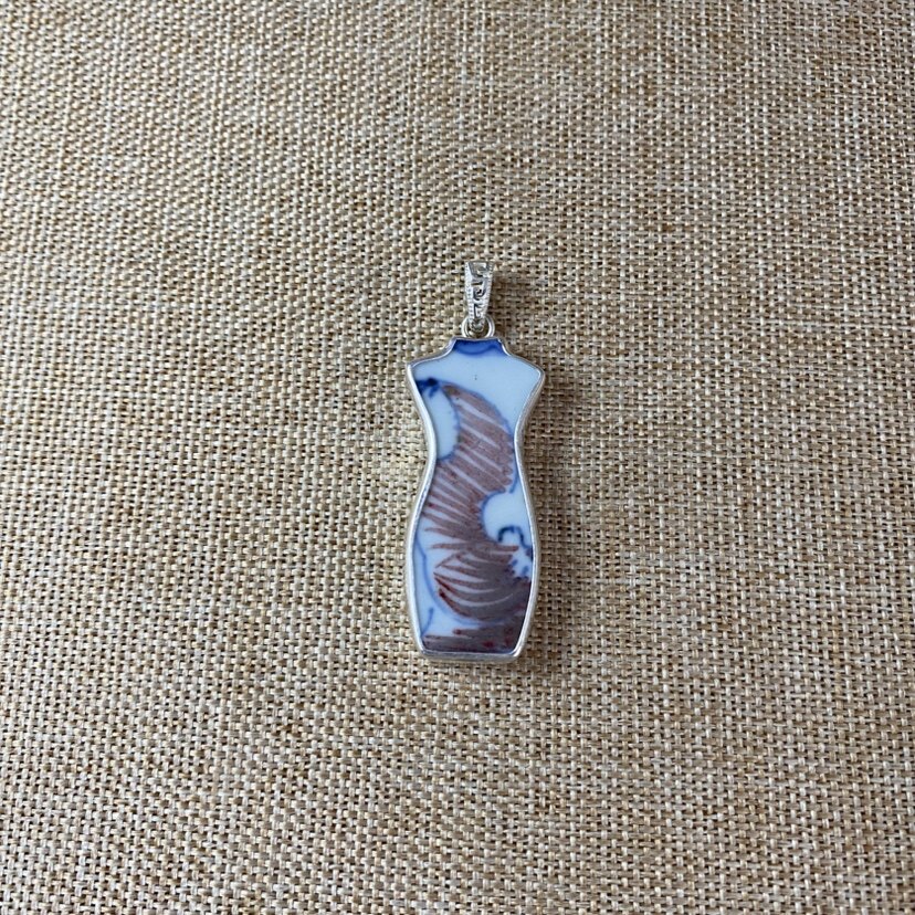 古瓷首饰 青花瓷吊坠 老瓷片挂件 旗袍款 925银 手工饰品 男女