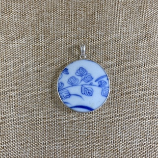 古瓷首饰 青花瓷吊坠 老瓷片挂件 植物花卉图案925银 手工饰品 l