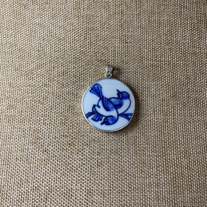 古瓷首饰 晚清 双雀 青花瓷吊坠 老瓷片挂件 925银 手工饰品