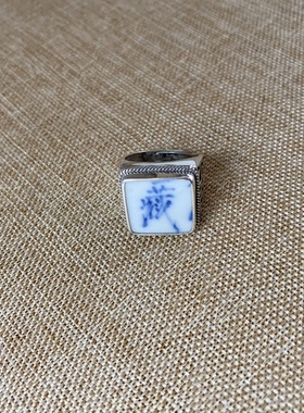 男士 青花瓷戒指 老瓷片 925银 饰品配饰 百搭 流行 古瓷首饰