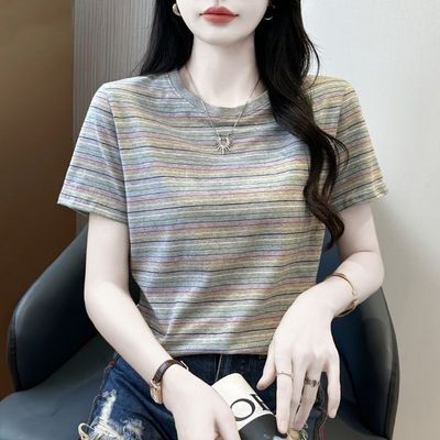 纯棉正肩条纹休闲短袖t恤女夏季