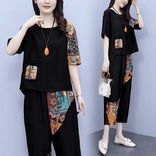夏季新款棉麻套装女中老年妈妈宽松短袖七分裤复古国风休闲两件套
