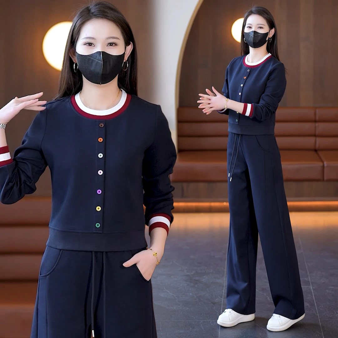时尚休闲运动服套装女2026春秋新款宽松显瘦圆领卫衣阔腿裤两件套