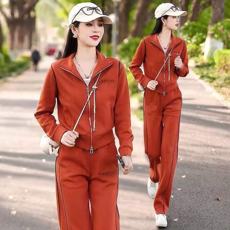 休闲运动服套装女时尚韩版桔色卫衣外套阔腿裤2026春季新款两件套
