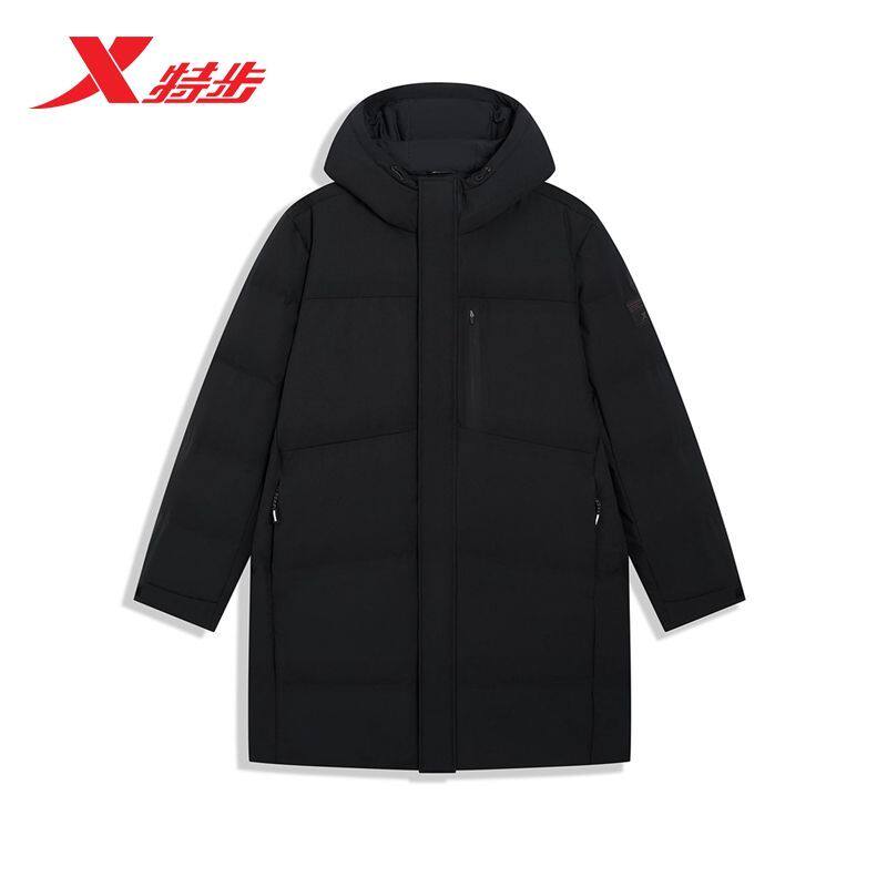 特步中长款运动羽绒服男2025冬季新款保暖连帽羽绒服975429640013
