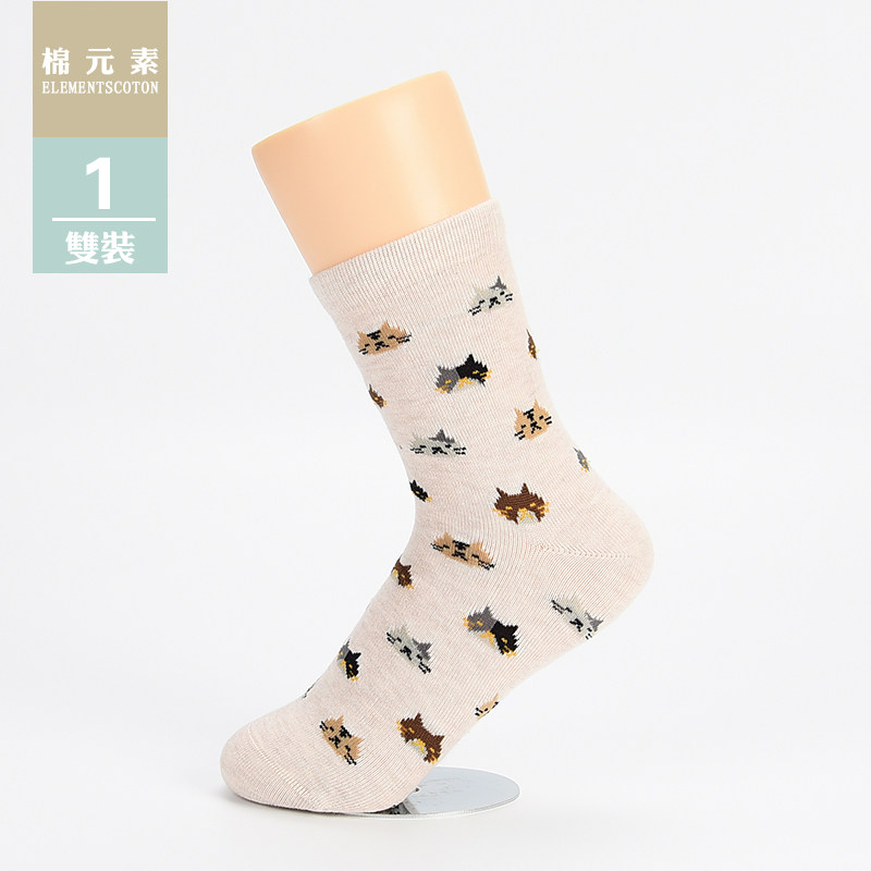 棉元素女士袜子棉质秋冬季短袜常规厚款提花猫咪女袜T20294