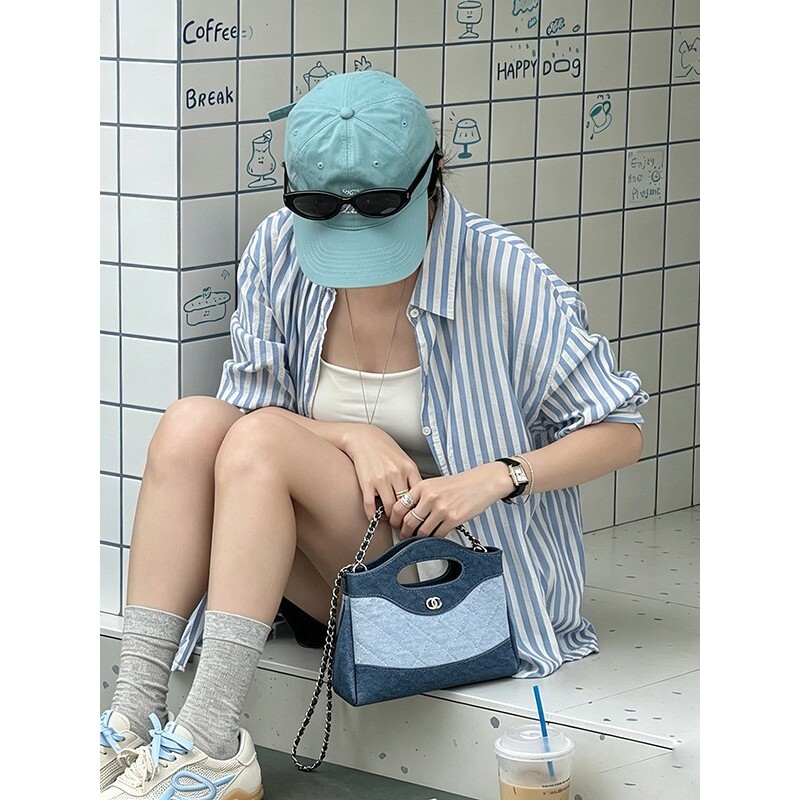 韩国明星同款跨境超火小香风牛仔布菱格链条托特包女2026新款百搭