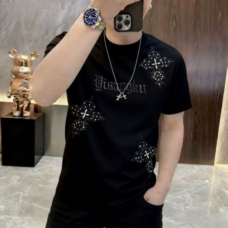 韩国明星同款圆领百搭时尚潮流痞帅半袖打底衫潮轻奢重工烫钻刺绣