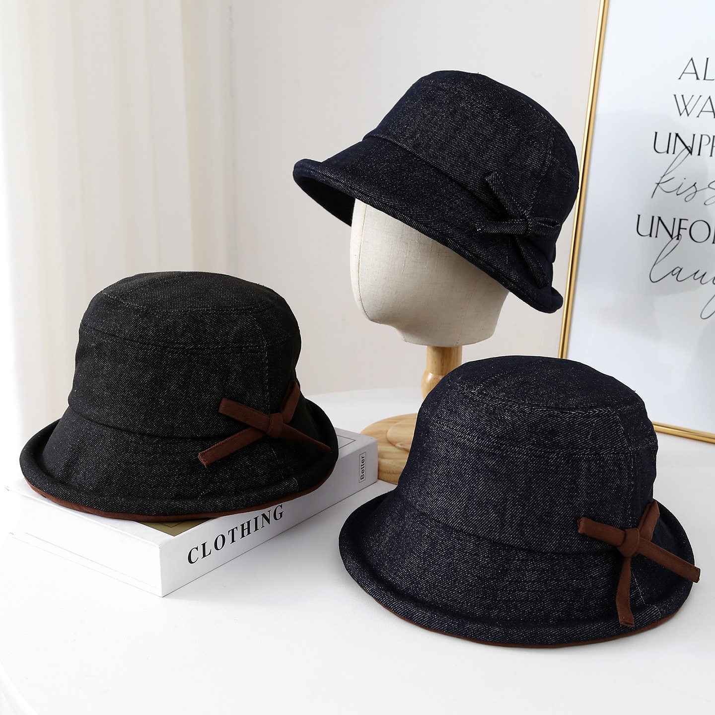 香港潮牌 25年秋冬新款卷边渔夫帽日系牛仔布百搭盆帽气质优雅蝴,服饰配件/皮带/帽子/围巾,防晒帽,淘宝优惠券,粉丝福利购,淘宝优惠卷