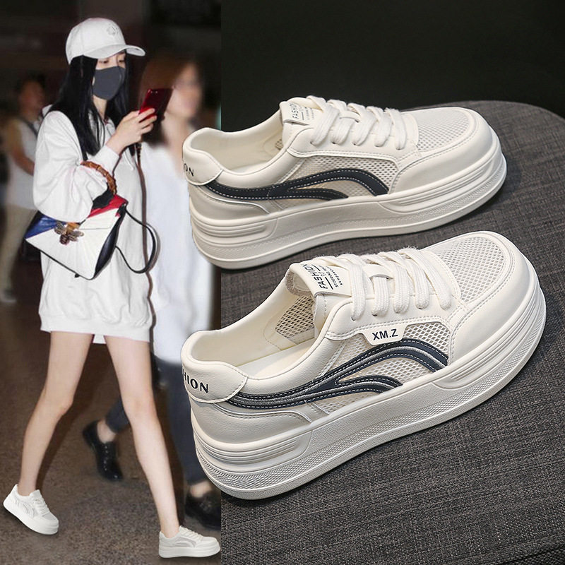 韩国明星同款夏季透气网面小白鞋女2026新款厚底增高学生舒适板鞋