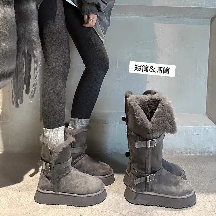 韩国潮鞋羊皮毛一体毛毛鞋翻领两穿骑士东北不过膝皮带扣雪地棉靴