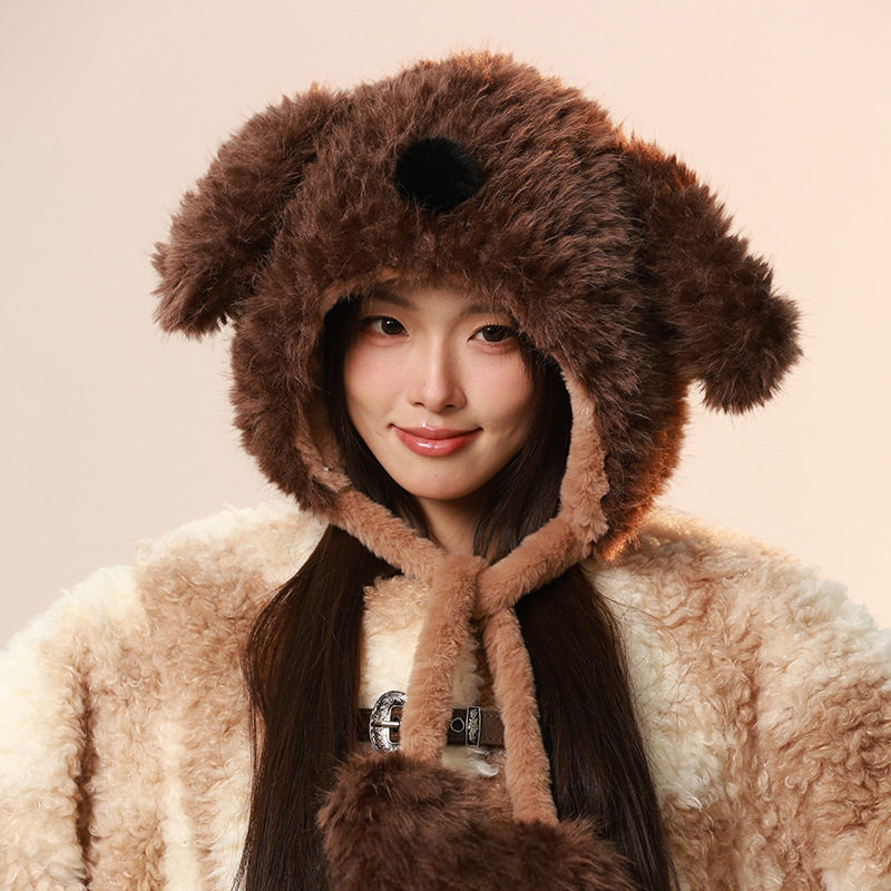 香港潮牌 实拍2025年冬季新款韩版卡通小狗毛球包头帽女保暖毛绒,服饰配件/皮带/帽子/围巾,帽子,淘宝优惠券,粉丝福利购,淘宝优惠卷