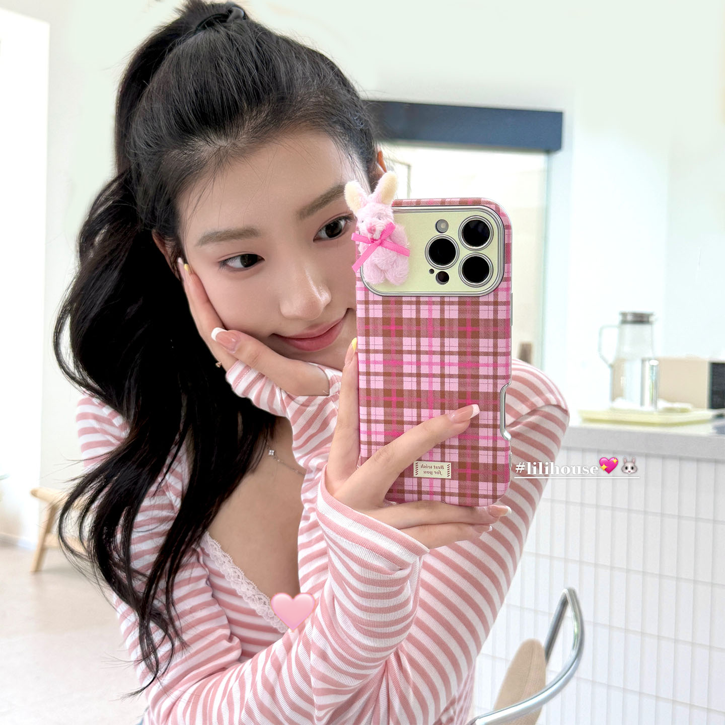 lilihouse韩国ins可爱少女芭比粉格纹毛绒兔子17适用1