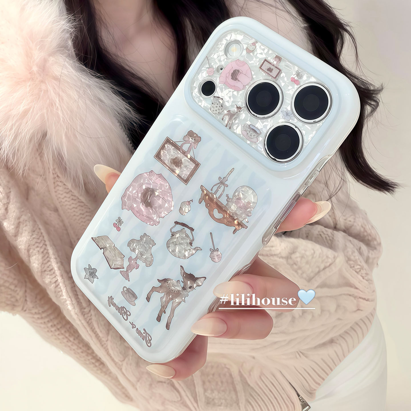 lilihouse韩国ins可爱少女钻石纹烛台小鹿插画17适用18pro苹果18ProMax手机壳iPhone16全包15新款16Pro保护套