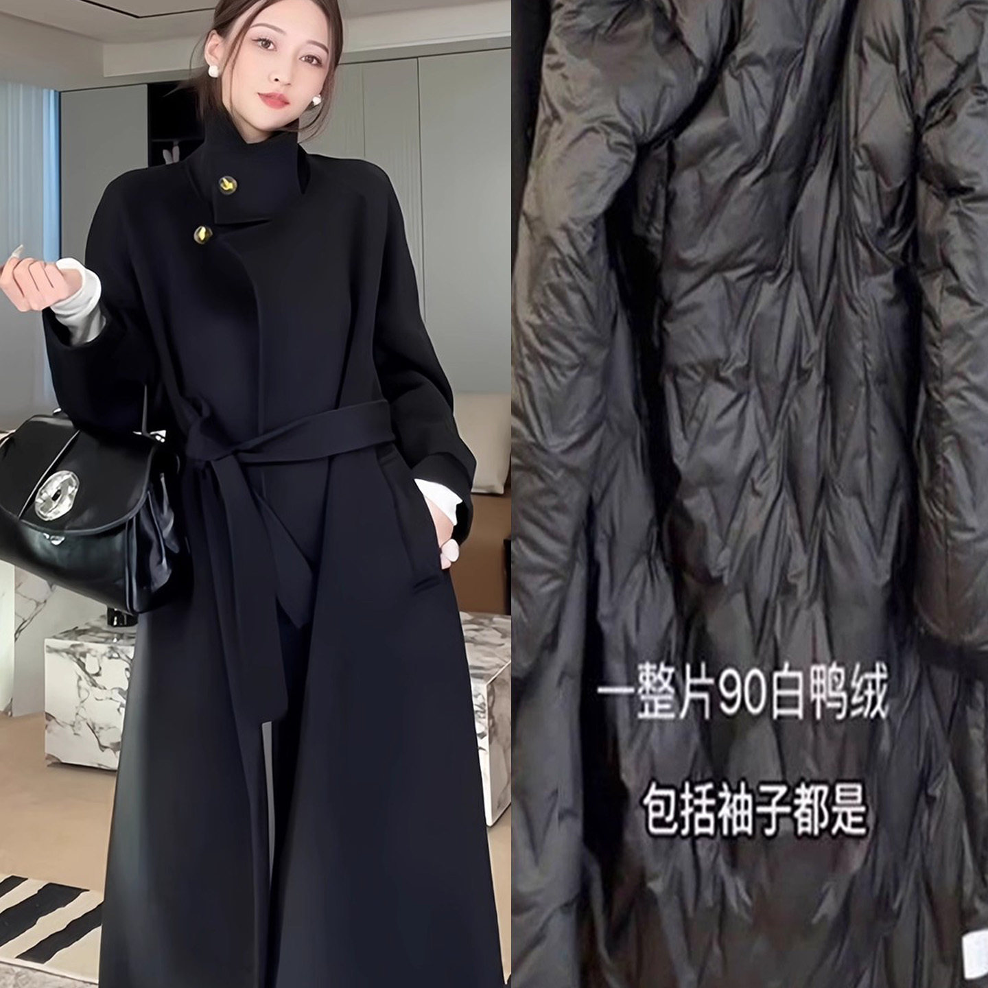 黑色加厚赫本风中长款毛呢大衣