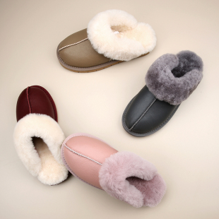 光面皮毛一体拖鞋 女居家舒适皮面防水保暖棉拖防滑加厚纯羊毛拖鞋