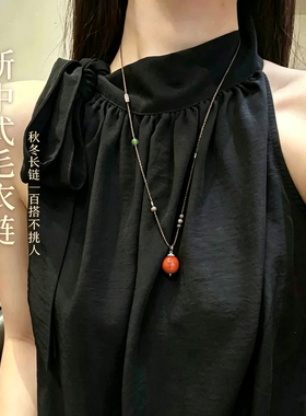 新中式南红玛瑙项链手工编绳毛衣链吊坠新中式国风锁骨链女款