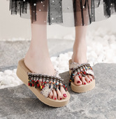 交叉拖鞋 民族风厚底坡跟小香带仿草编旅游沙滩凉鞋 女夏季 外穿时尚