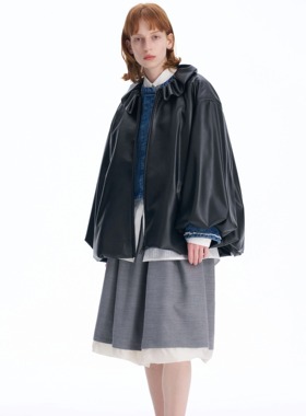 【新品】 SERY蛋白皮花苞领廓形抗风黑色皮棉服 设计师品牌