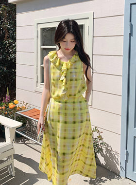 SERY原创设计格纹天丝黄色荷叶边背心上衣/大A型格纹半裙Suit