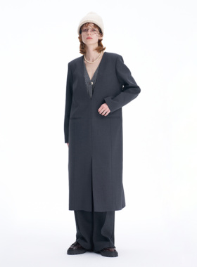 SERY深灰色长款V领西装连衣裙配海绵长裤设计师新品sery