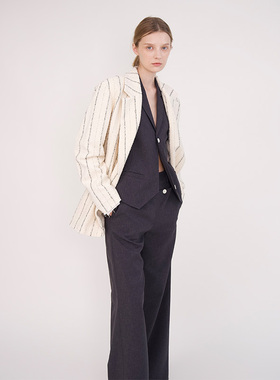 SERY 设计师款 V领灰色短马甲/灰色高腰阔腿裤 长裤