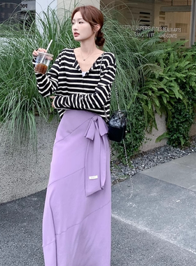 【新品】SERY紫色郁金香分割伞裙高腰显瘦A字裙蝴蝶结腰带Skirt