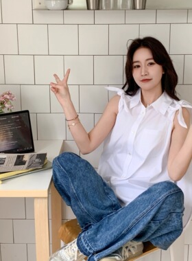 SERY原创白色蝴蝶结短袖斗篷衬衣宽松无袖衬衫设计感Shirt