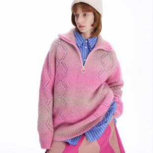 新品 SERY设计师品牌驼绒渐变粉色立领套头拉链毛衣圣诞节日氛围
