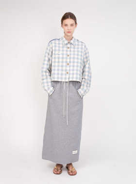 SERY 方形短款格纹拼牛仔上衣/浅灰色收腰太空棉长裙