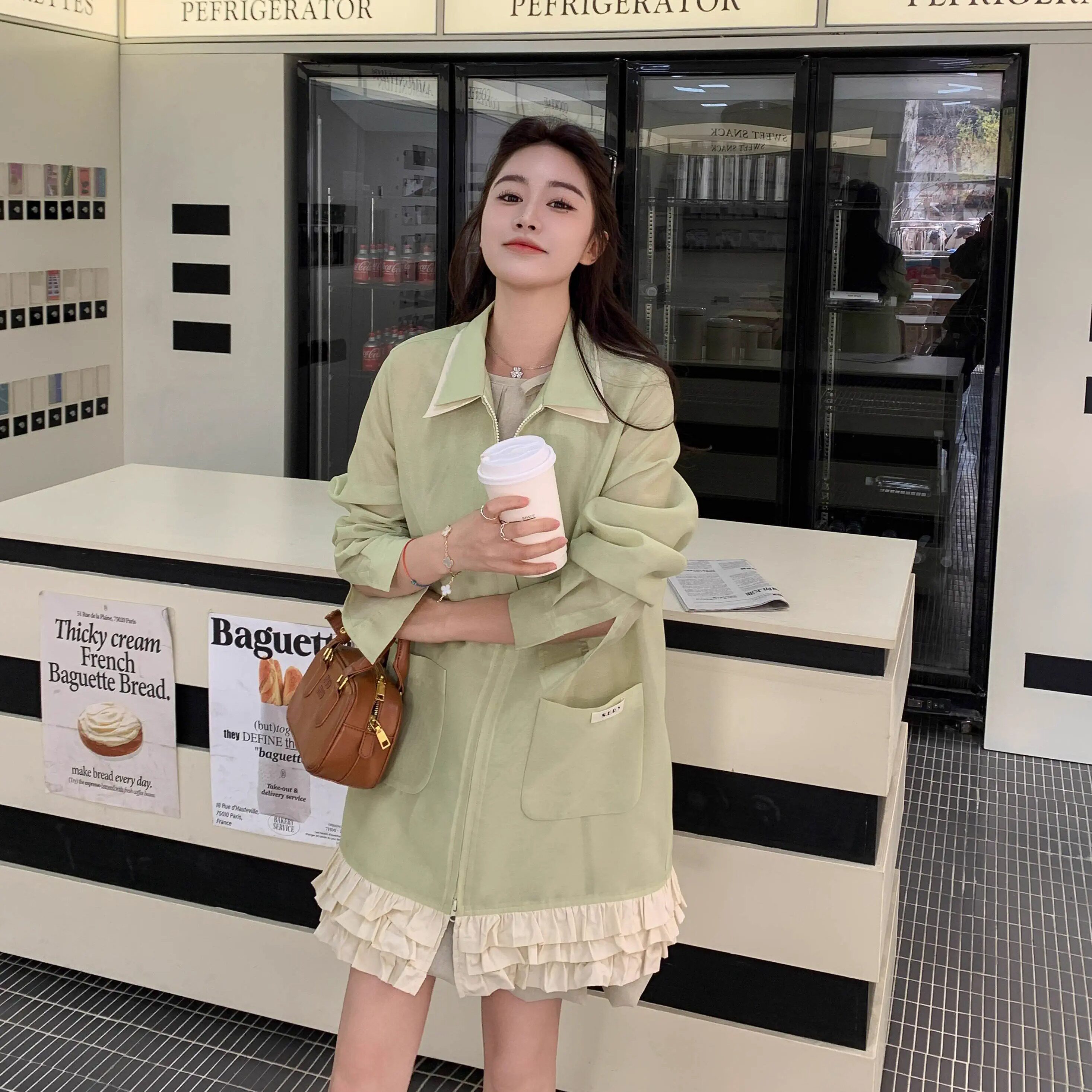 SERY欧根纱果绿色风衣薄外套/豆绿色花苞斗篷连衣裙设计感Suit