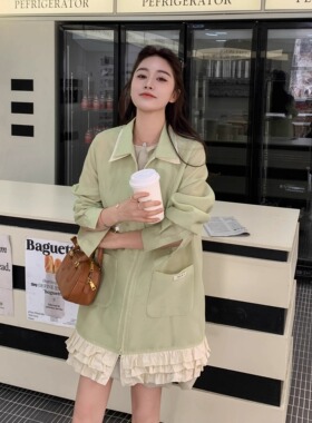 SERY欧根纱果绿色风衣薄外套/豆绿色花苞斗篷连衣裙设计感Suit