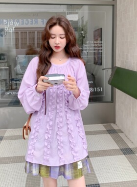 【新品】SERY紫色圆领花边套头衬衣长袖木耳边衬衫重工上衣Shirt