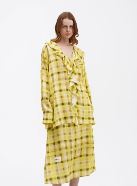 SERY黄色格纹长袖荷叶边衬衣/黄色格纹A形半裙Suit