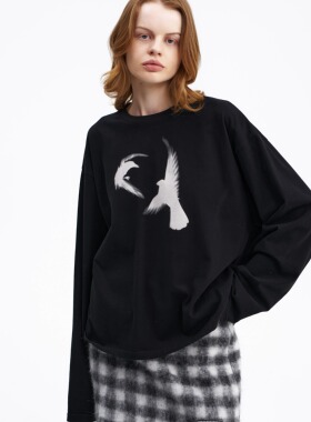 【新品】SERY圆领宽松长袖飞鸟印花限量主题T恤黑色休闲棉Shirt