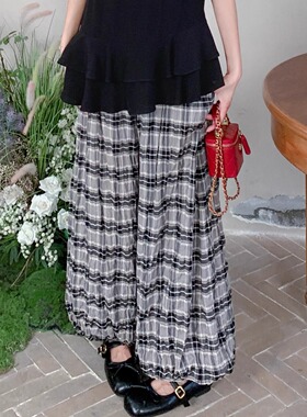 【新品】SERY黑白格纹宽松泡泡纱气球阔腿宽松休闲垂感长裤Pants
