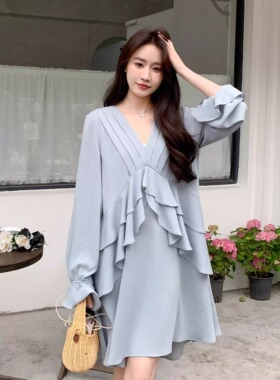 SERY原创设计灰蓝色V领荷叶边垂坠质感法式连衣裙遮肚肚显瘦Dress