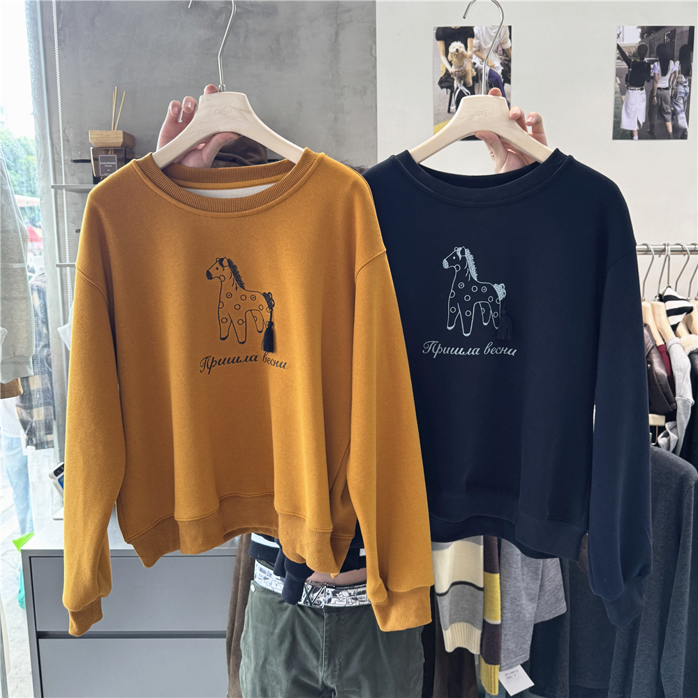 十三行女装 韩系小马刺绣加绒长袖卫衣女秋冬款宽松百搭保暖上衣