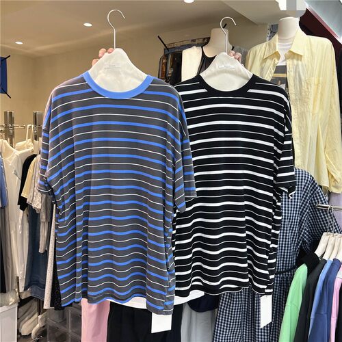 十三行女装 韩系圆领条纹大版短袖T恤女夏季新款宽松休闲胖mm上衣