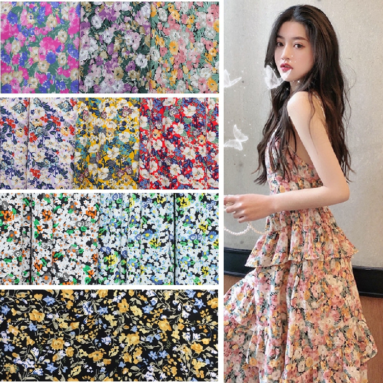 油画风碎花卉集锦春夏韩国丝麻纱印花布女装裙衬衫服装雪纺面料