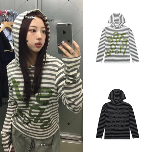 番薯欧尼自制safarispot条纹连帽y2k宽松针织长袖打底衫上衣T恤女